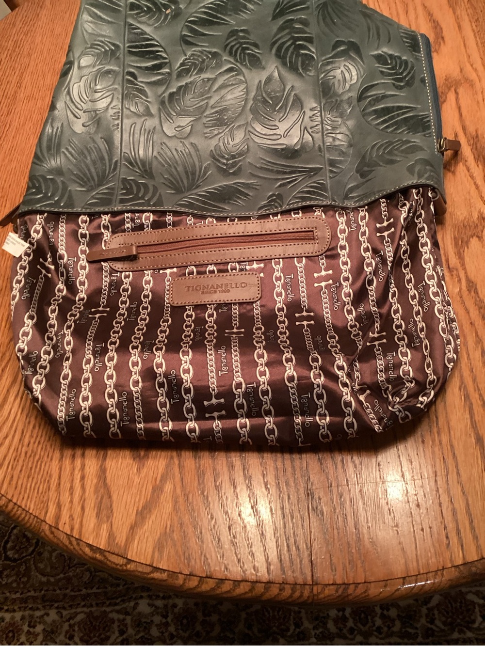 Tignanello Leather  Embossed Leaf Tote in Teal with Brown Trim - Picture 6 of 8